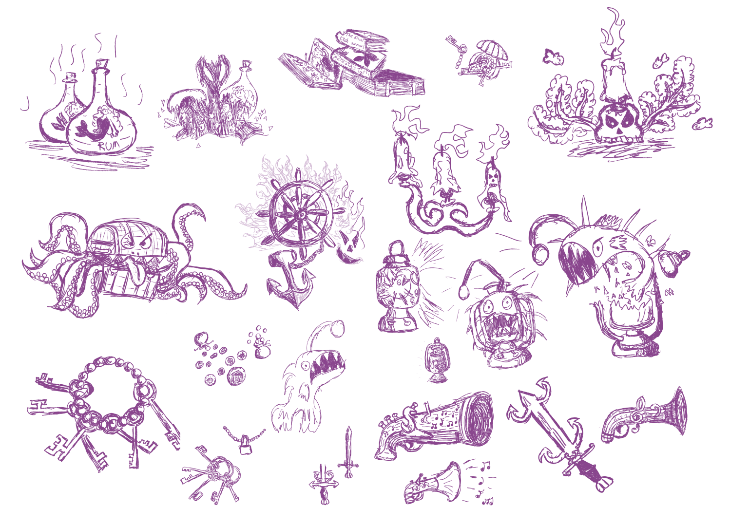 Series of sketches of items that could be collected in an RPG, in a dark purple colour. Items such as haunted candles, lanterns powered by angler fish, swords, keys, treasure and chest mimics.